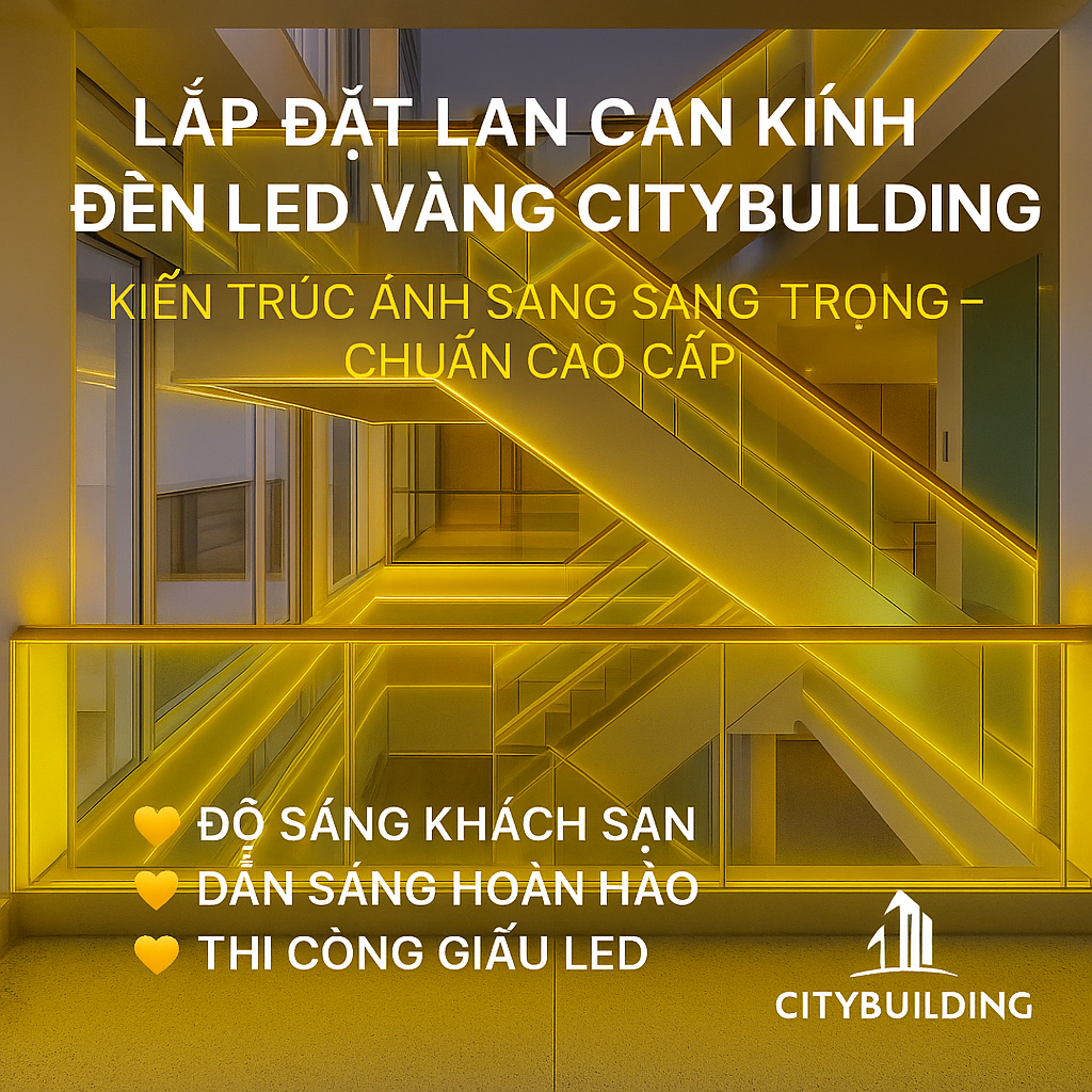 📌 LẮP ĐẶT LAN CAN KÍNH ĐÈN LED VÀNG CITYBUILDING | KIẾN TRÚC ÁNH SÁNG SANG TRỌNG – CHUẨN CAO CẤP
