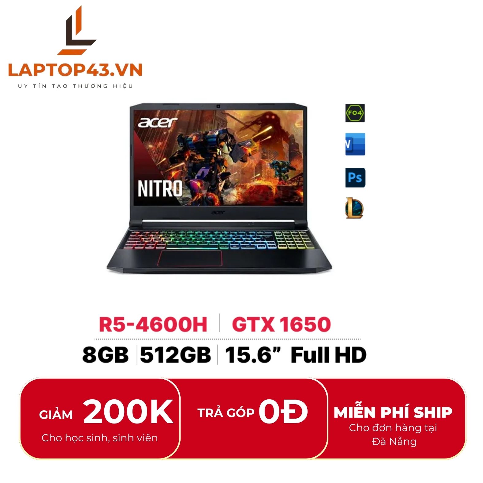 Laptop Acer Nitro 5 AN515-44-R9JM Ryzen 5-4600H/ 8GB/ 512GB/ GTX1650/ 15.6FHD 144HZ