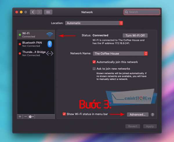 Click vào mục WiFi và chọn Advanced. Click vào mục WiFi và chọn Advanced.