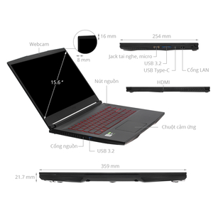 Laptop MSI Gaming GF63 Thin 10SC-481VN Core i7 10750H/ Ram 8GB/ SSD 512GB / Màn Hình 15.6FHD/GTX 1650 Max Full AC