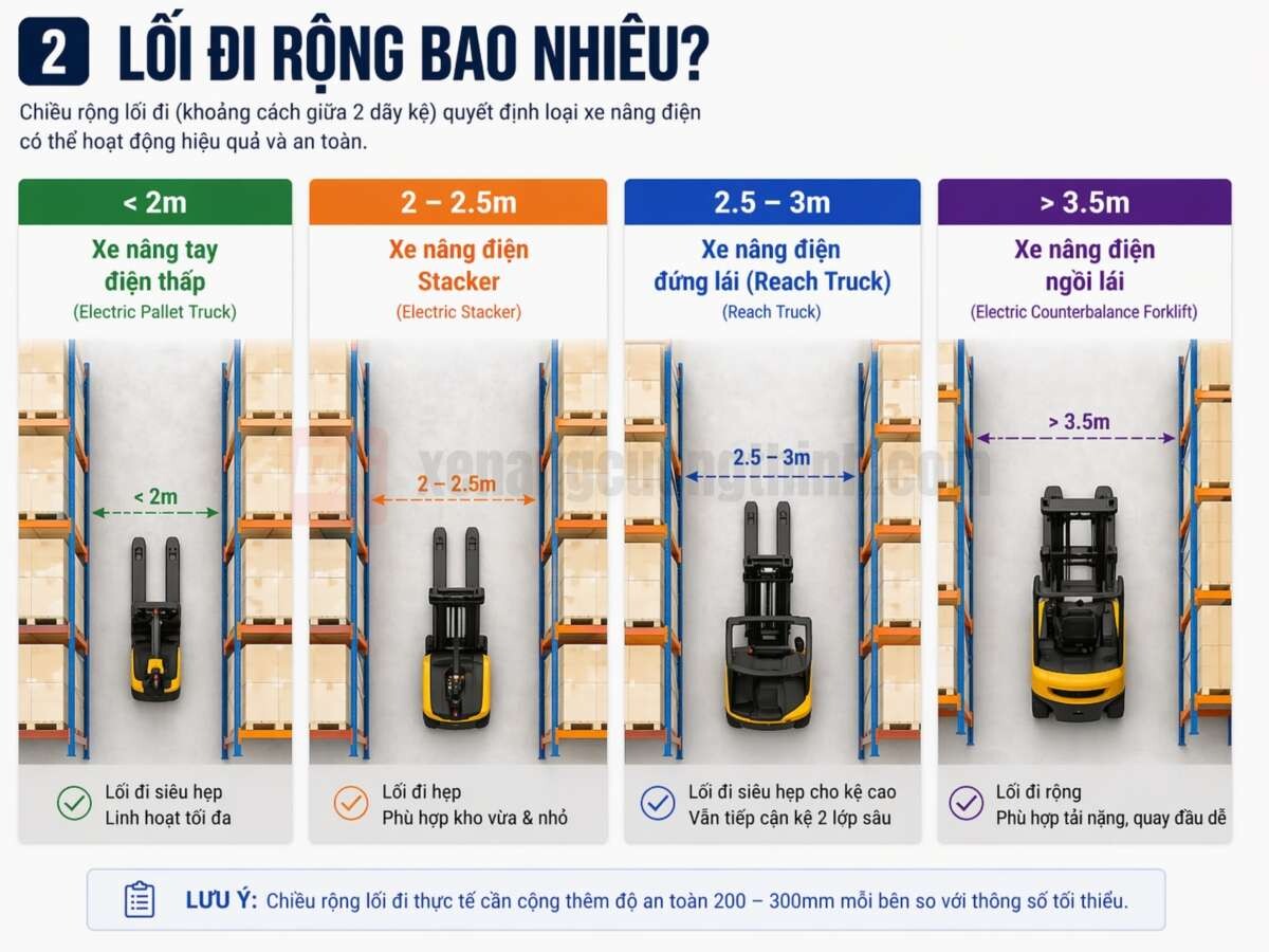Lối Đi Rộng Bao Nhiêu? | Các Loại Xe Nâng Điện Phổ Biến