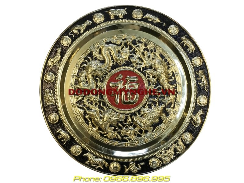 Mâm đồng phong thủy - Tứ Linh Chầu Phúc viền 12 con giáp