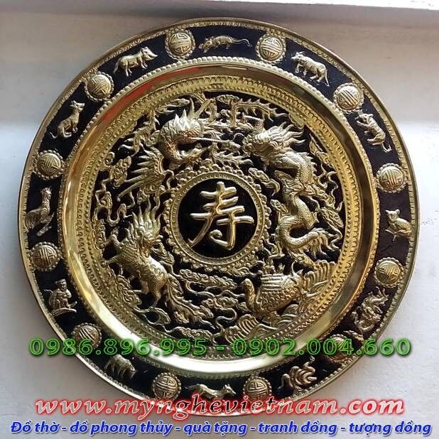 Mâm tứ linh mừng thọ đk 52cm, mâm chữ thọ bằng đồng