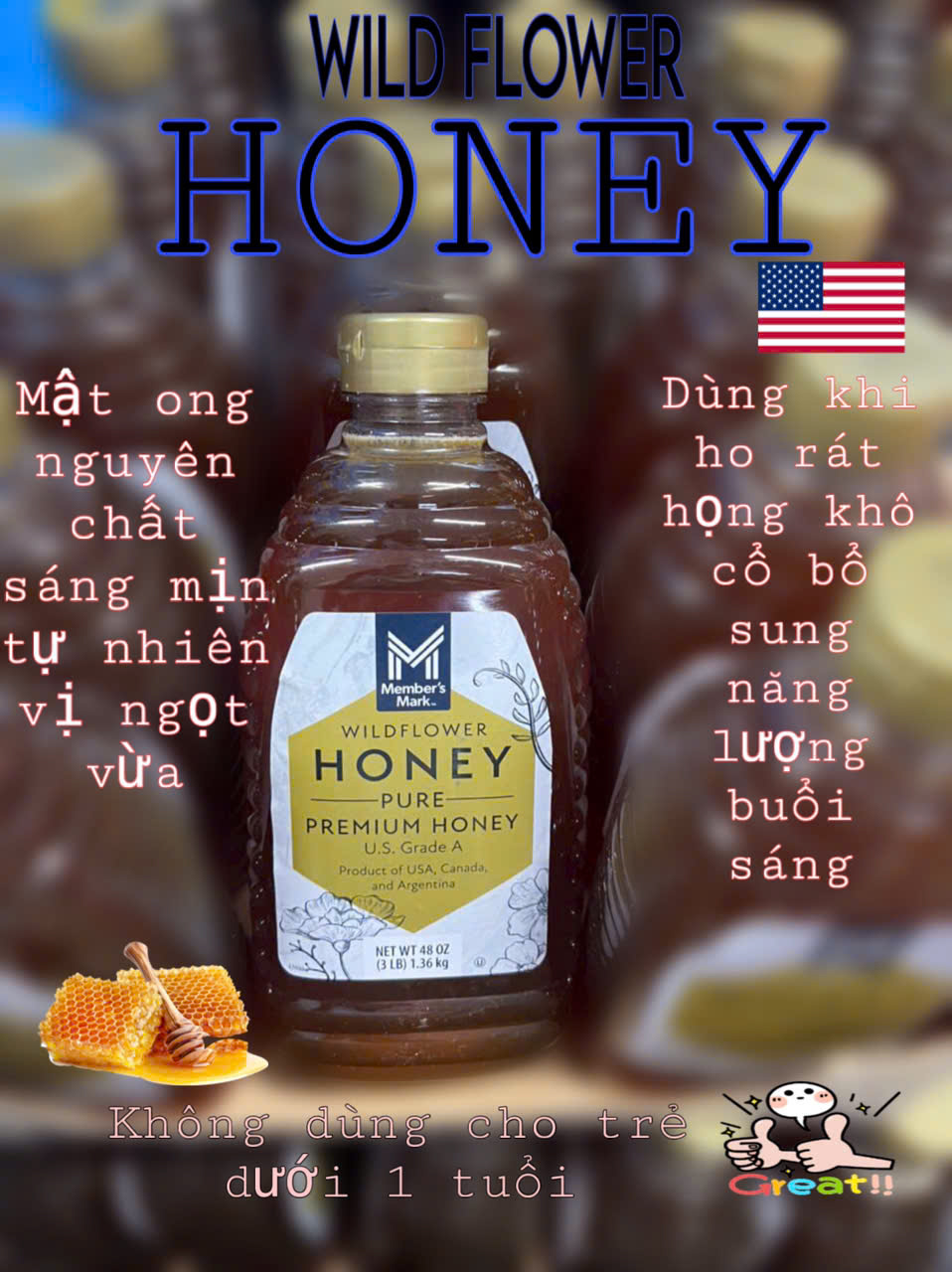 Mật ong tự nhiên Wild flower Honey (mỹ)