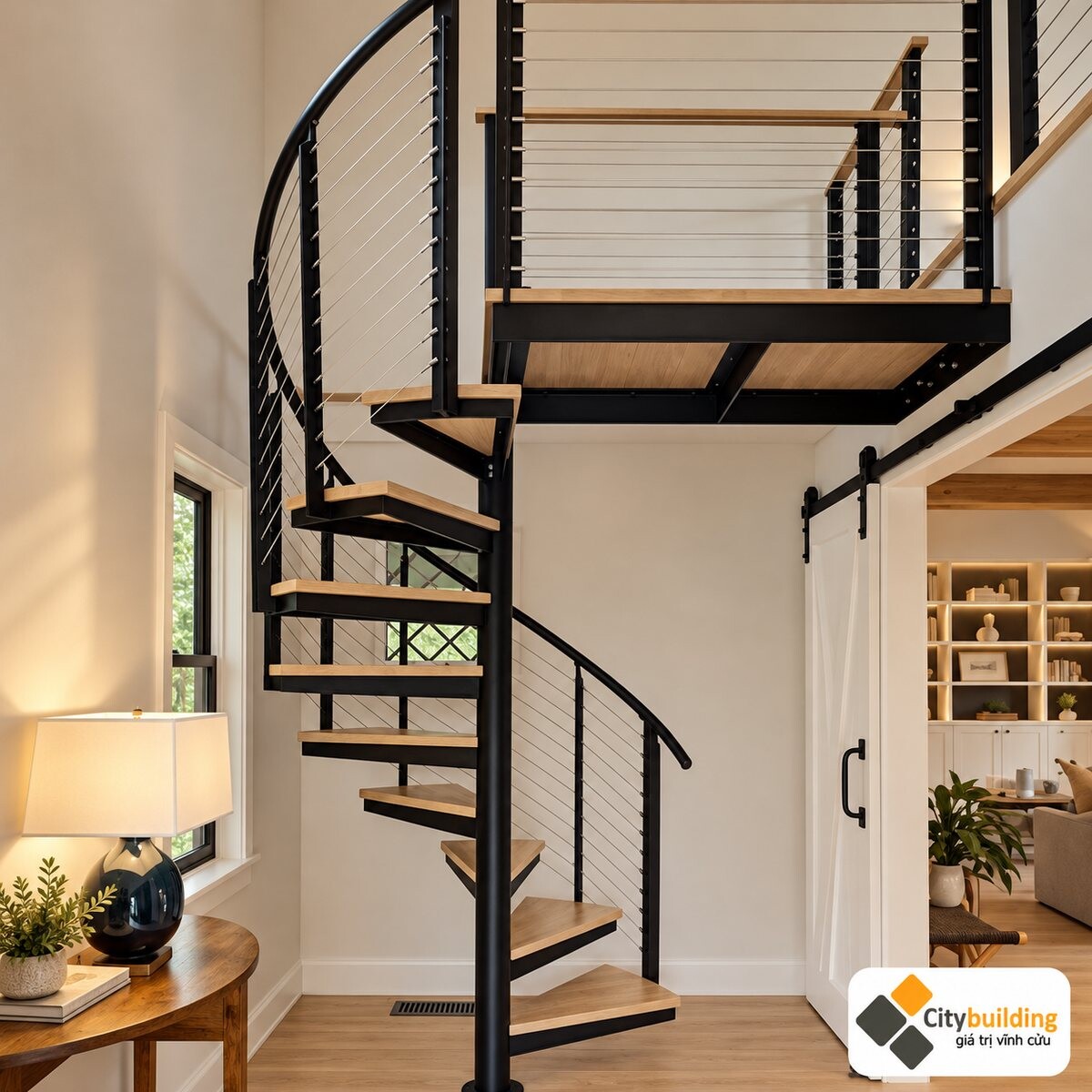 Mẫu 22: cầu thang xoắn bậc gỗ nối sàn tầng