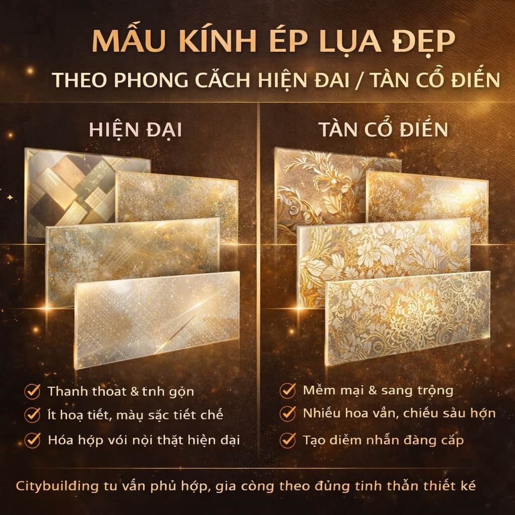 MẪU KÍNH ÉP LỤA ĐẸP THEO PHONG CÁCH HIỆN ĐẠI TÂN CỔ ĐIỂN CITYBUILDING
