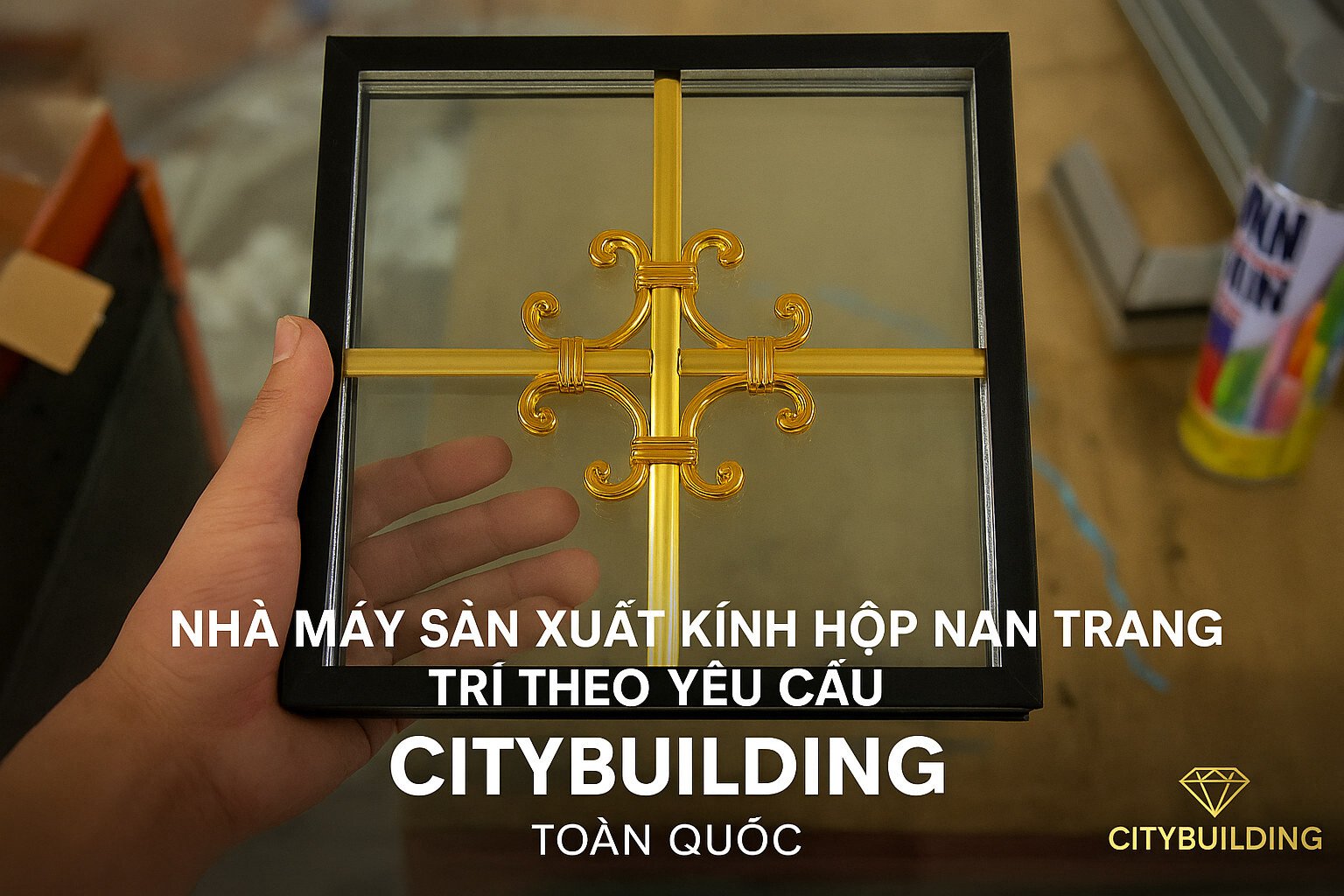 Mẫu kính nan hoa văn màu vàng, kèm chữ và nhận diện Citybuilding