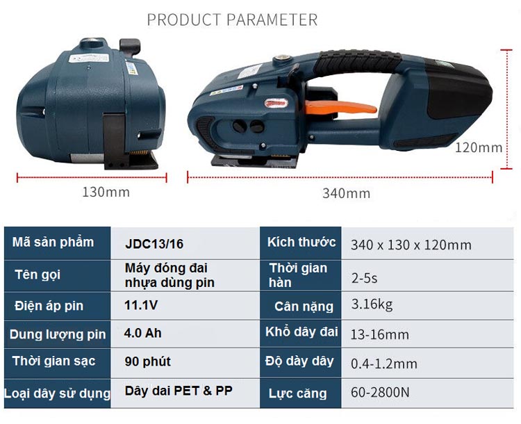 Thông số kích thước và thông số kỹ thuật của máy đóng đai nhựa hàng nhiệt JDC13/16
