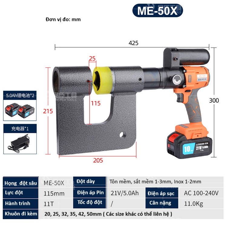 Máy đột lỗ tôn máng cáp dùng Pin ME-50X