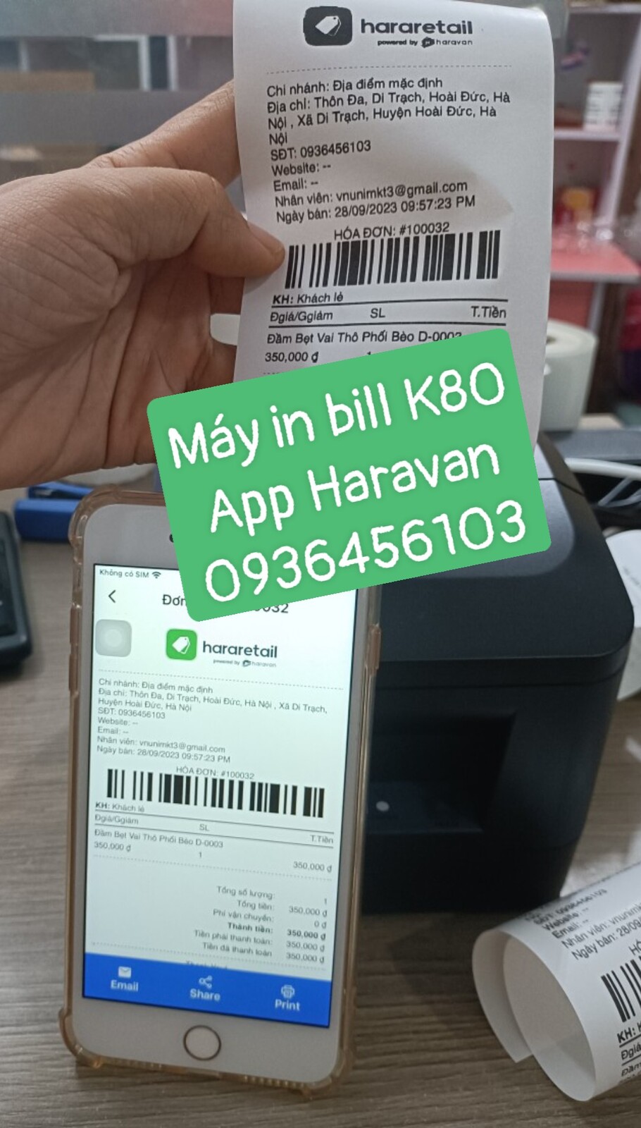 Máy in bill kết nối điện thoại app Haravan khổ K80