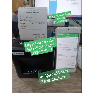Máy in hóa đơn kết nối app Kiotviet qua điện thoại Iphone khổ K80mm