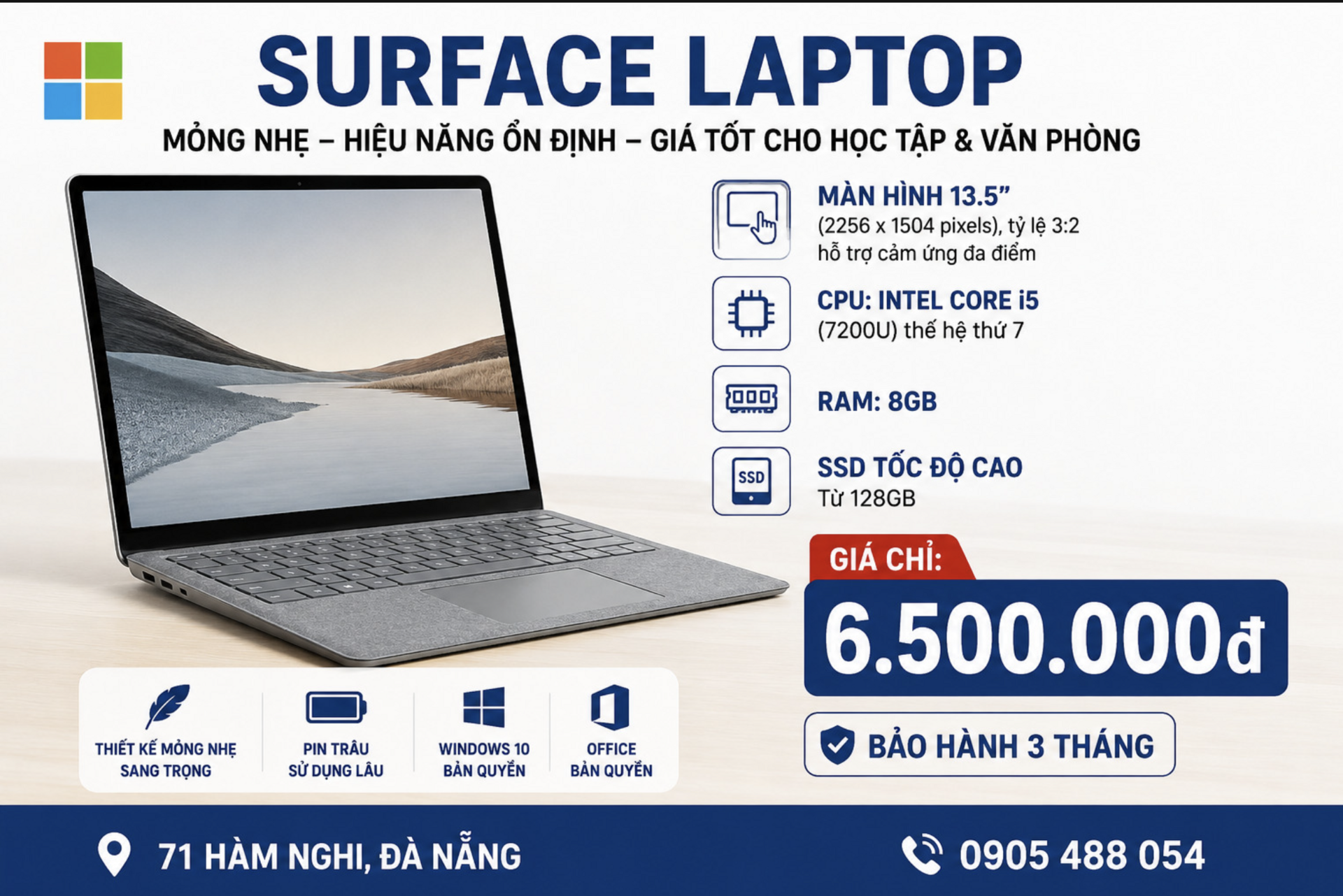 Microsoft Surface Laptop 1 Intel Core i5-7200U | RAM 8GB LPDDR3 | SSD 128GB NVMe 2.5K (2256×1504) Siêu Nét Siêu Bền