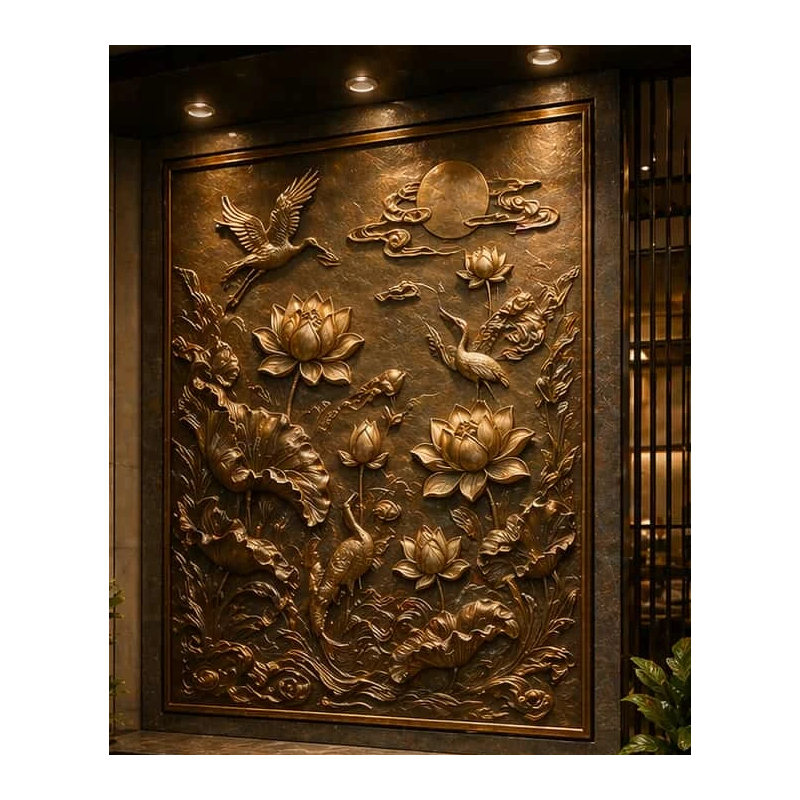 Minh họa tấm trang trí có họa tiết hoa sen, chim và sóng trong khung chữ nhật.