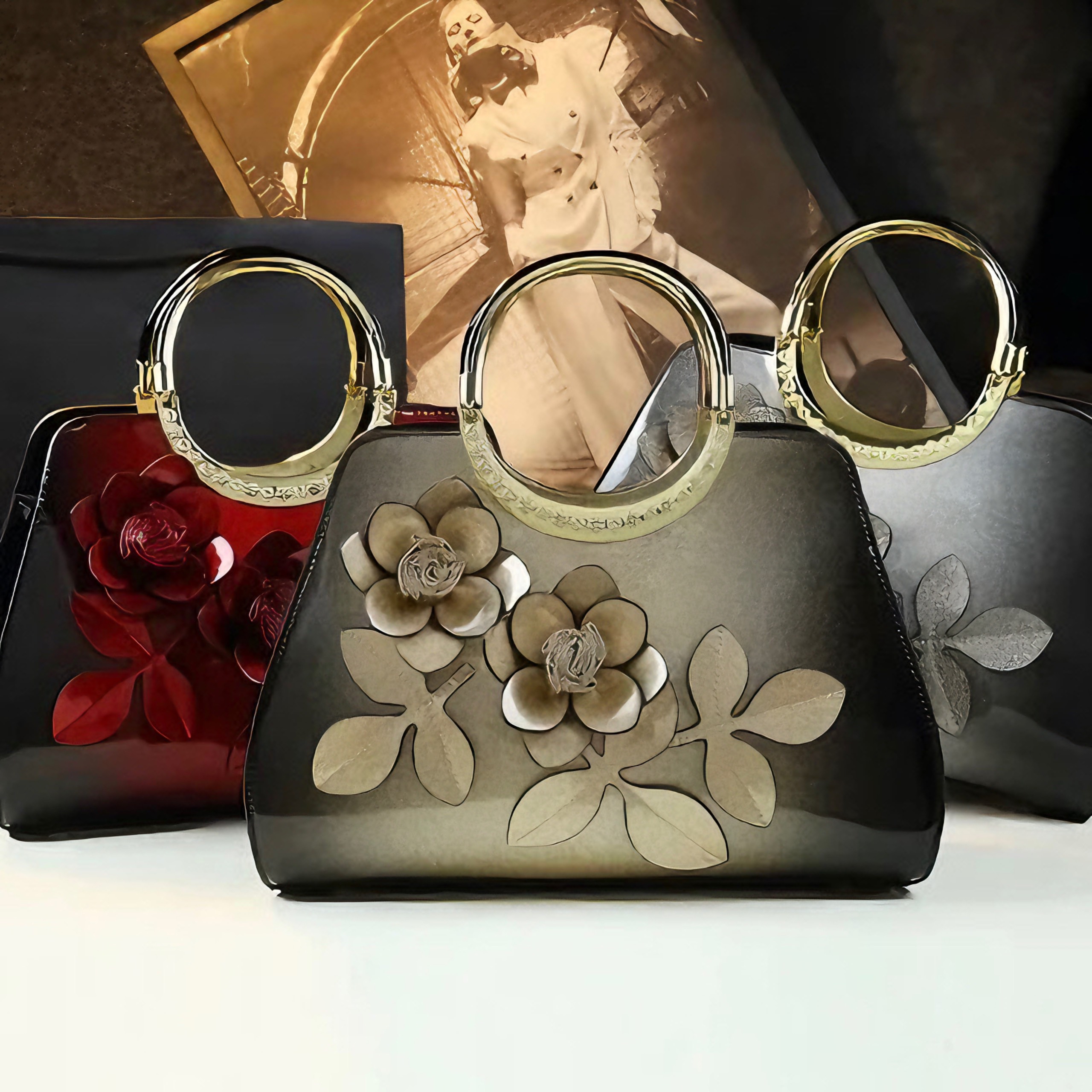 TÚI NỮ DA BÓNG DECO HOA NỔI MUSHIHAN 2323 CHÍNH HÃNG