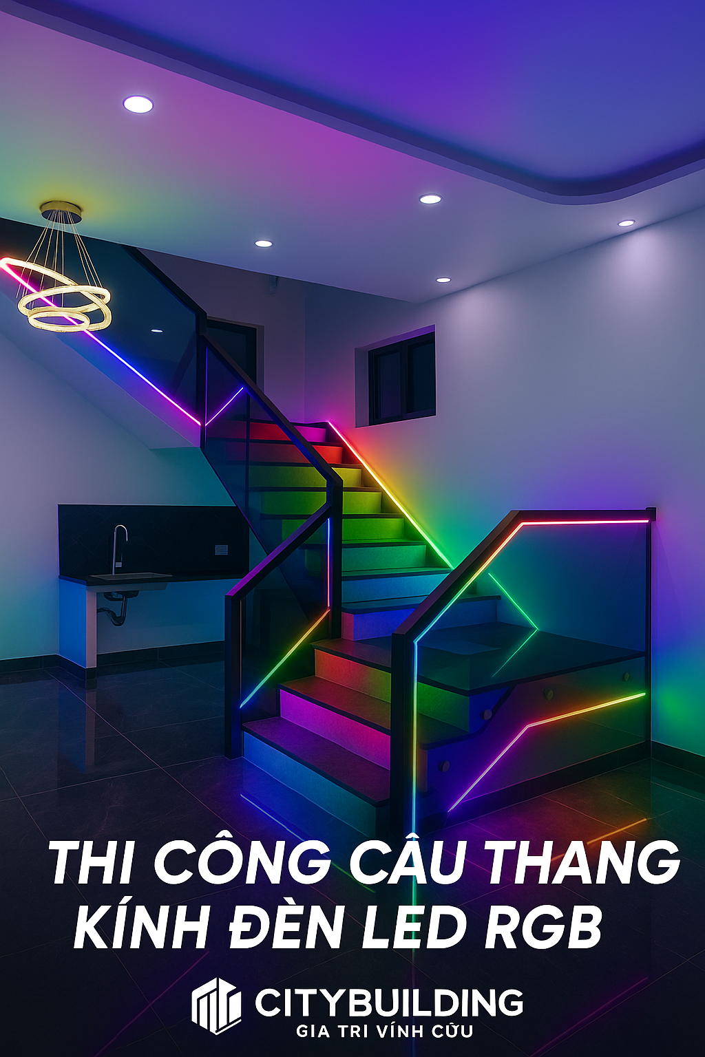 📌 THI CÔNG CẦU THANG KÍNH ĐÈN LED RGB CITYBUILDING | NHÀ PHỐ – BIỆT THỰ CAO CẤP