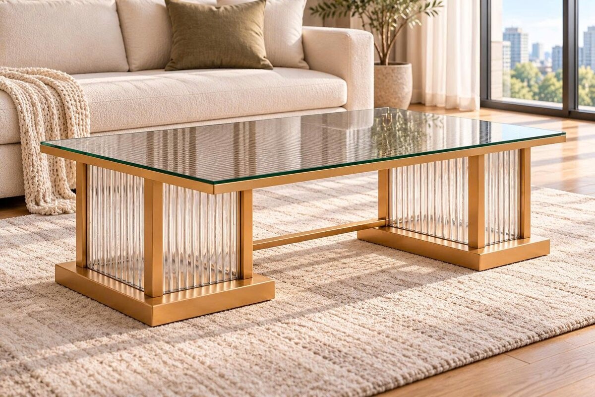 Phối cảnh bàn trà mặt kính chữ nhật và hai chân có chi tiết sọc dọc