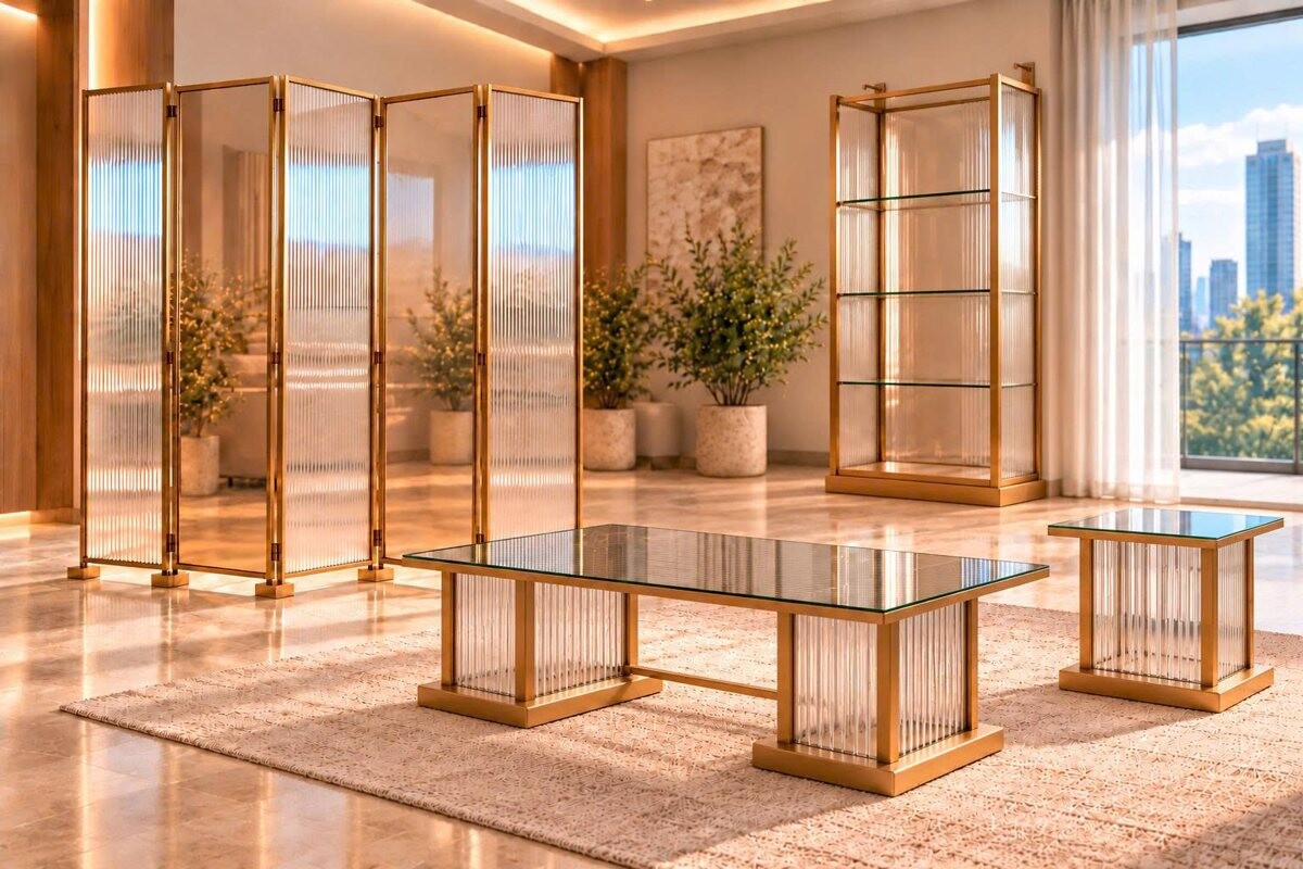 Phối cảnh phòng khách phối vách chữ nhật, kệ kính và bàn trà chi tiết sọc