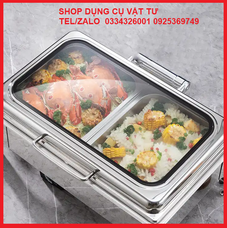 Nồi hâm buffet chữ nhật cao cấp bản lề thủy lực mặt kính rộng