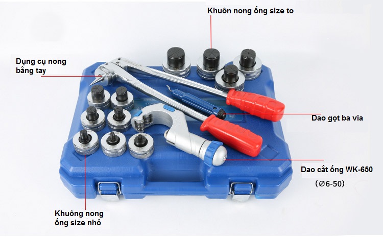 Bộ dung cụ nong ống CT-100AL gồm: dụng cụ, 11 size, dao cắt, dao gọt bavia