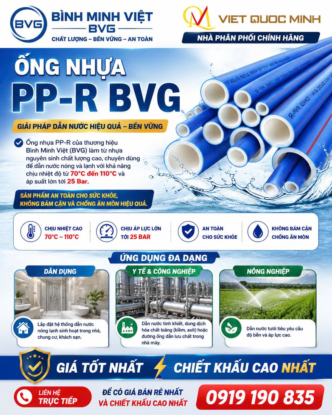 Ống nhựa PPR Bình Minh Việt BVG chịu nhiệt cao đa dạng kích thước, LH 0919 190 835