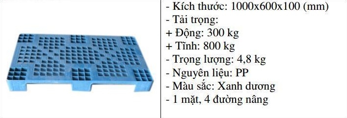 Pallet nhựa 1000x600x100 màu xanh một mặt 800kg - Nhật Bản