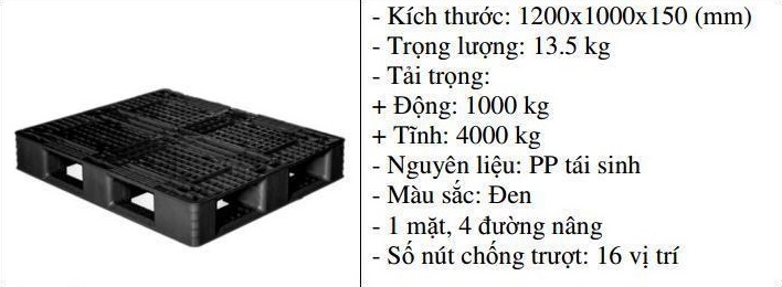 Pallet nhựa 1200x1000x150 màu đen một mặt 4000kg - Nhật Bản