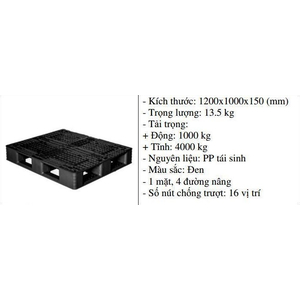 Pallet nhựa 1200x1000x150 màu đen một mặt 4000kg - Nhật Bản