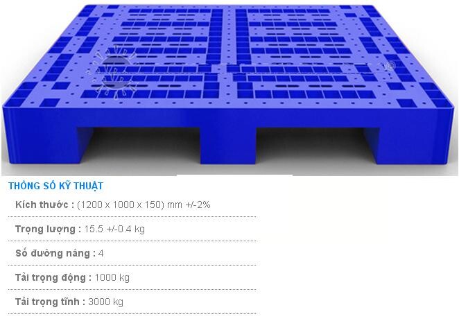 Pallet nhựa 1200x1000x150 màu xanh một mặt 3000kg - Việt Nam
