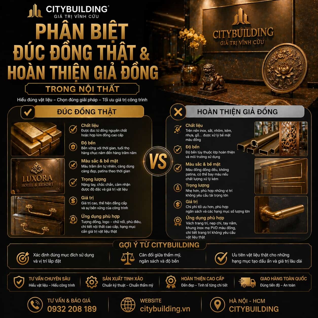 PHÂN BIỆT ĐÚC ĐỒNG THẬT VÀ HOÀN THIỆN GIẢ ĐỒNG TRONG NỘI THẤT CITYBUILDING