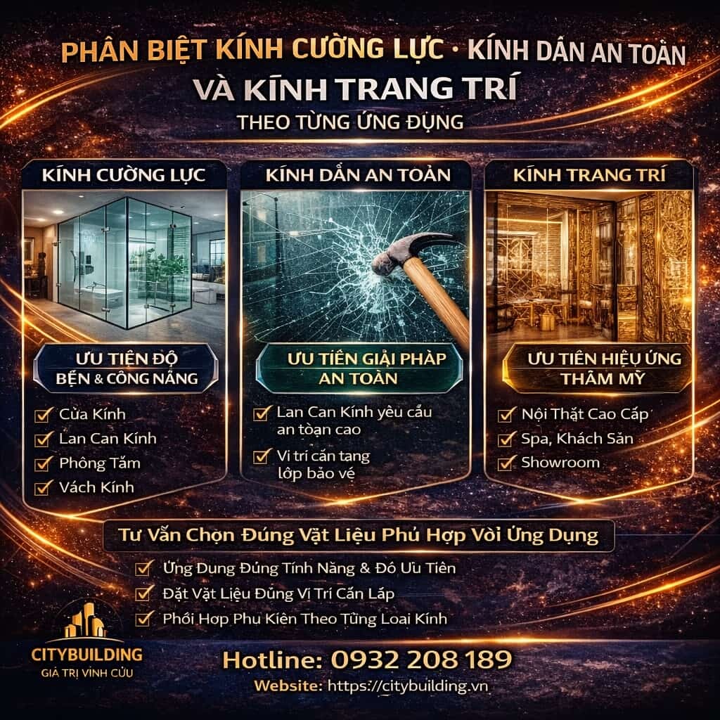 PHÂN BIỆT KÍNH CƯỜNG LỰC KÍNH DÁN AN TOÀN VÀ KÍNH TRANG TRÍ THEO TỪNG ỨNG DỤNG