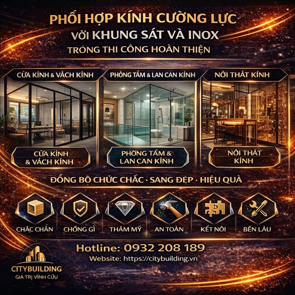 PHỐI HỢP KÍNH CƯỜNG LỰC VỚI KHUNG SẮT VÀ INOX TRONG THI CÔNG HOÀN THIỆN