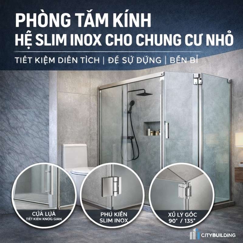 PHÒNG TẮM KÍNH HỆ SLIM INOX CHO CHUNG CƯ NHỎ – TỐI ƯU DIỆN TÍCH | CITYBUILDING