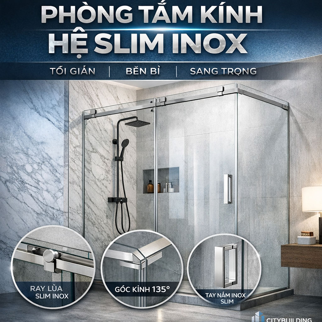 PHÒNG TẮM KÍNH HỆ SLIM INOX | CITYBUILDING