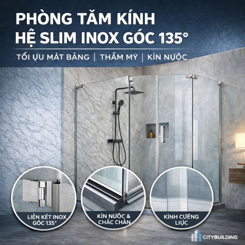 PHÒNG TẮM KÍNH HỆ SLIM INOX GÓC 135° – GIẢI PHÁP MẶT BẰNG KHÓ | CITYBUILDING