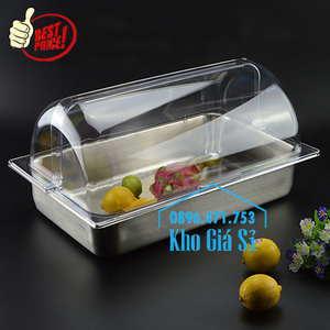 Khay inox chữ nhật cao 10cm có nắp đậy kín chống côn trùng, bụi bẩn đựng trái cây, bánh ngọt