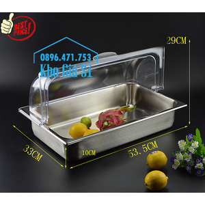 Khay inox chữ nhật cao 10cm có nắp đậy kín chống côn trùng, bụi bẩn đựng trái cây, bánh ngọt