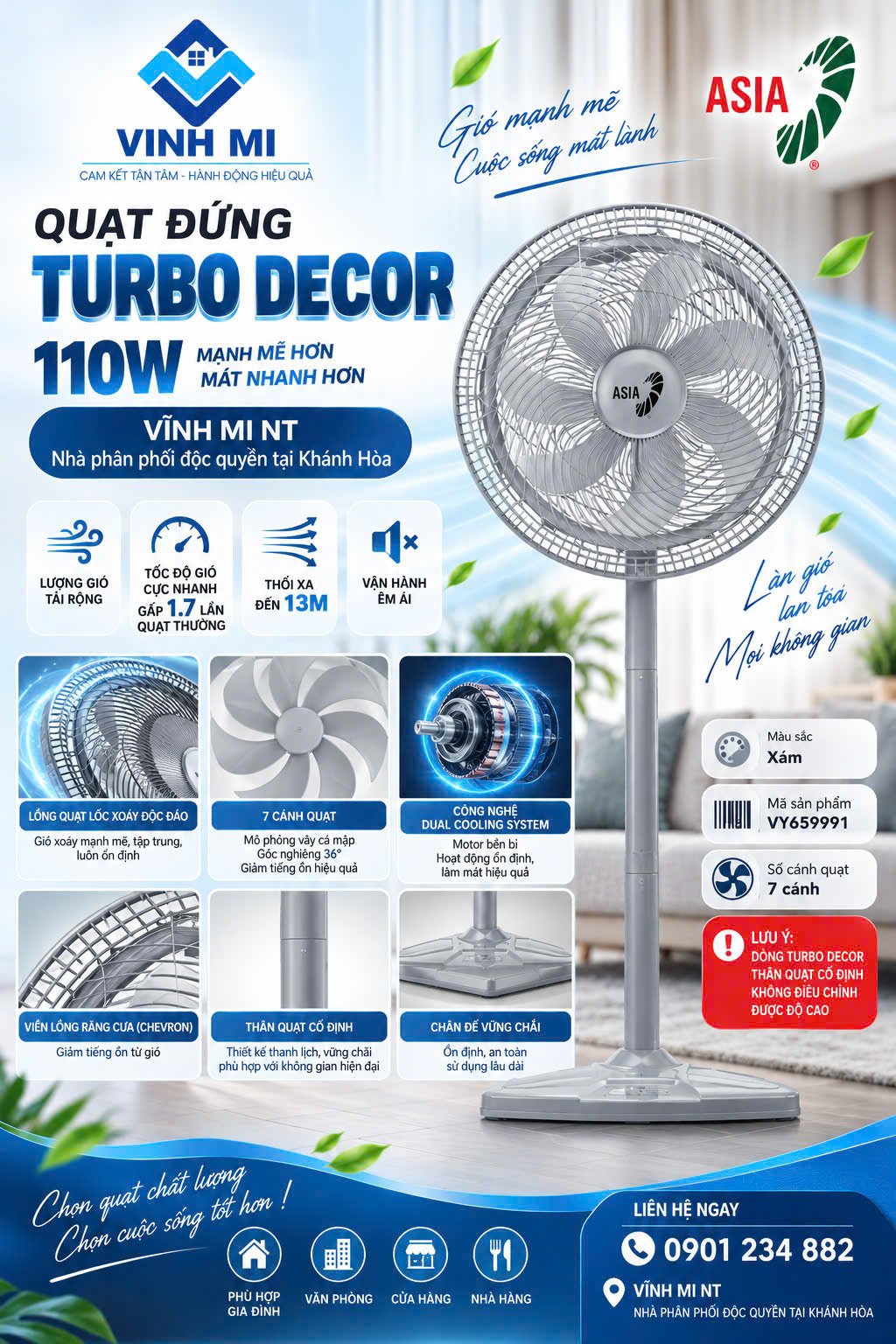 Quạt đứng ASIAVINA TURBO DECOR - VY659991- Xám 110W