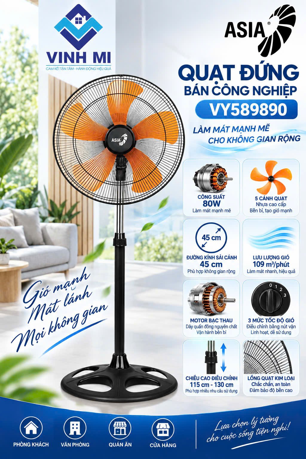 Quạt đứng bán công nghiệp ASIAVINA -VY589890 (Đen 80W )