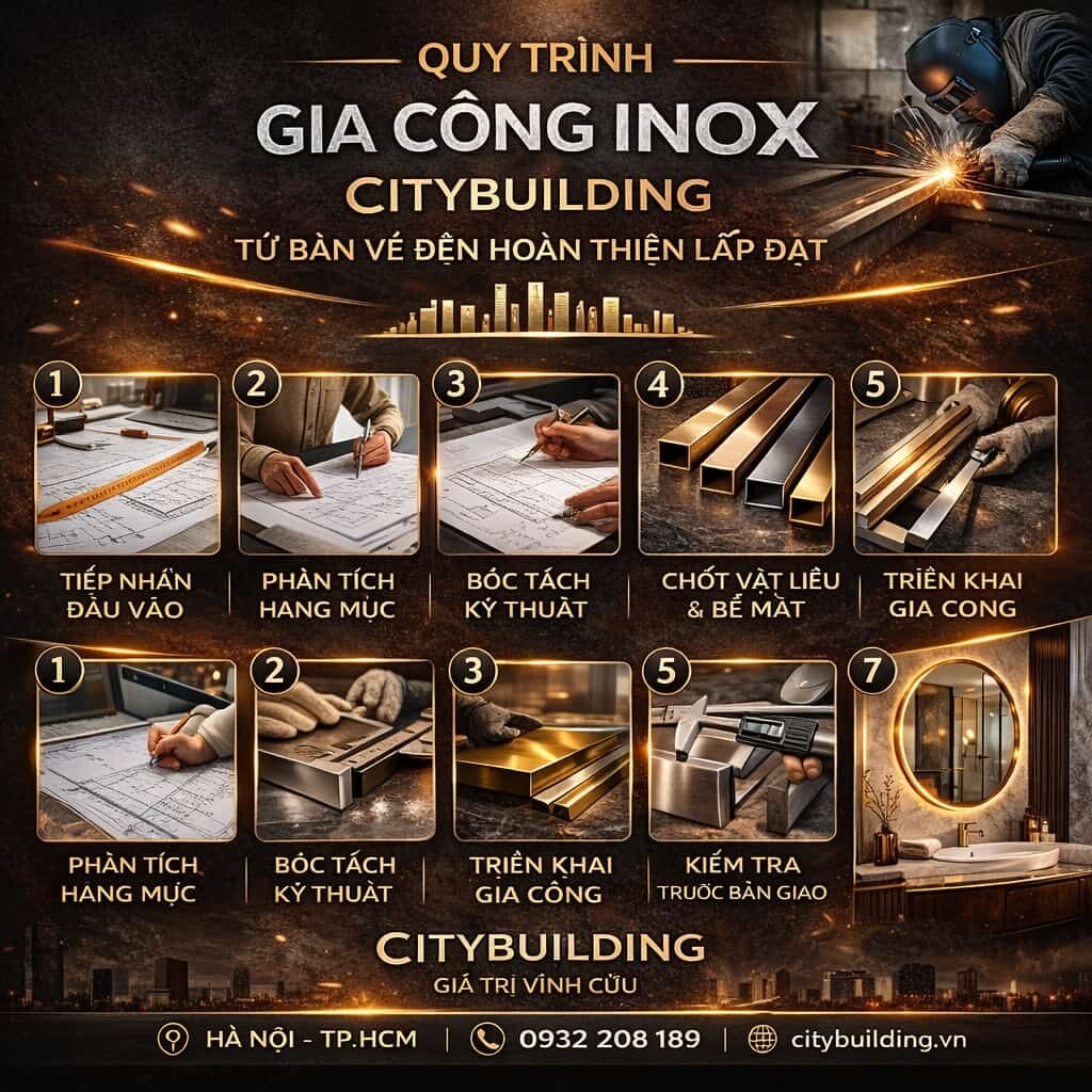 QUY TRÌNH GIA CÔNG INOX CITYBUILDING TỪ BẢN VẼ ĐẾN HOÀN THIỆN LẮP ĐẶT