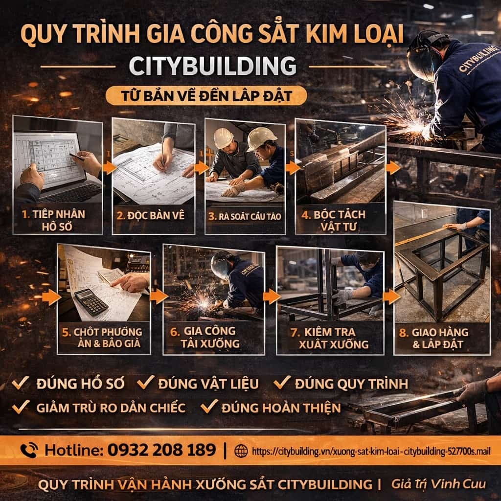 QUY TRÌNH GIA CÔNG SẮT KIM LOẠI CITYBUILDING TỪ BẢN VẼ ĐẾN LẮP ĐẶT