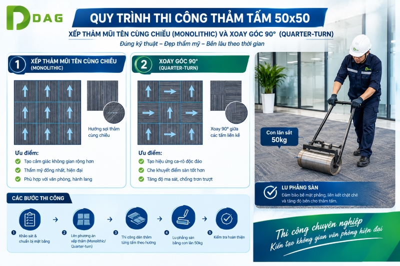 Sơ đồ xếp mũi tên hướng thảm và kỹ thuật lu phẳng con lăn 50kg quy trình thi công thảm tấm 50x50.