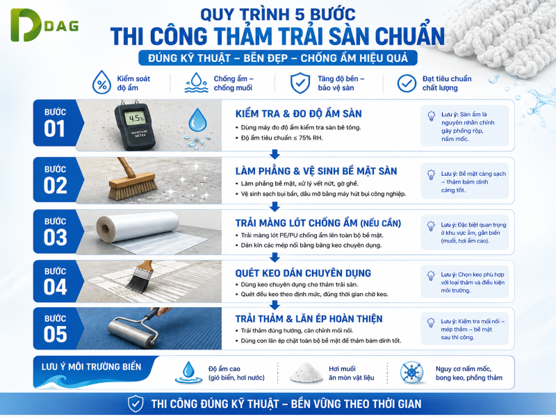 Quy trình thi công thảm trải sàn Nha Trang 5 bước chuẩn kỹ thuật chống bong tróc kháng nồm ẩm hơi muối biển.