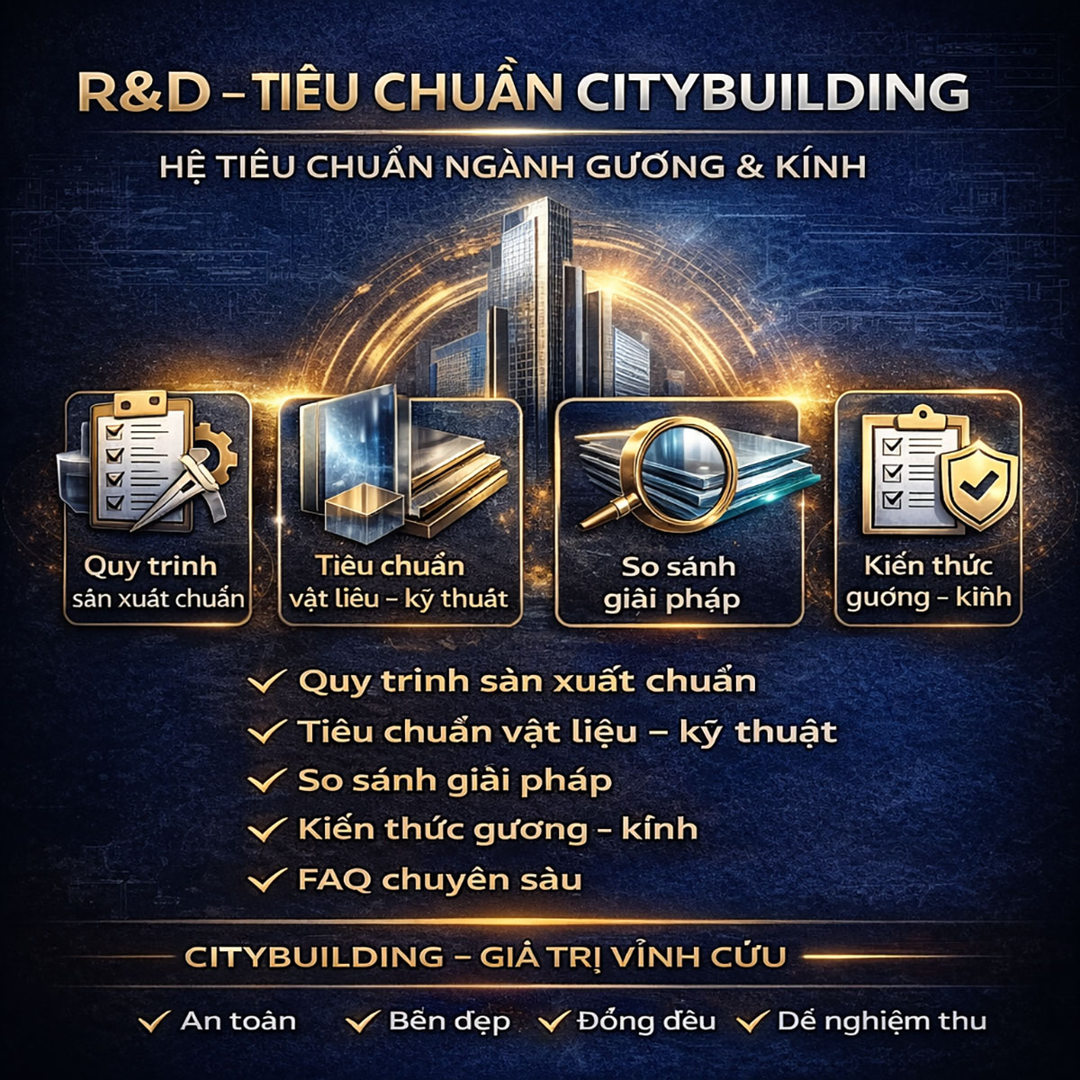 R&D – Tiêu chuẩn Citybuilding là hệ thống nghiên cứu, chuẩn hóa và kiểm soát chất lượng gương – kính – inox – kết cấu, được xây dựng từ thực tế sản xuất và thi công. Đây là nền tảng giúp Citybuilding đặt chuẩn ngành, đảm bảo an toàn, thẩm mỹ và độ bền dài hạn cho công trình.