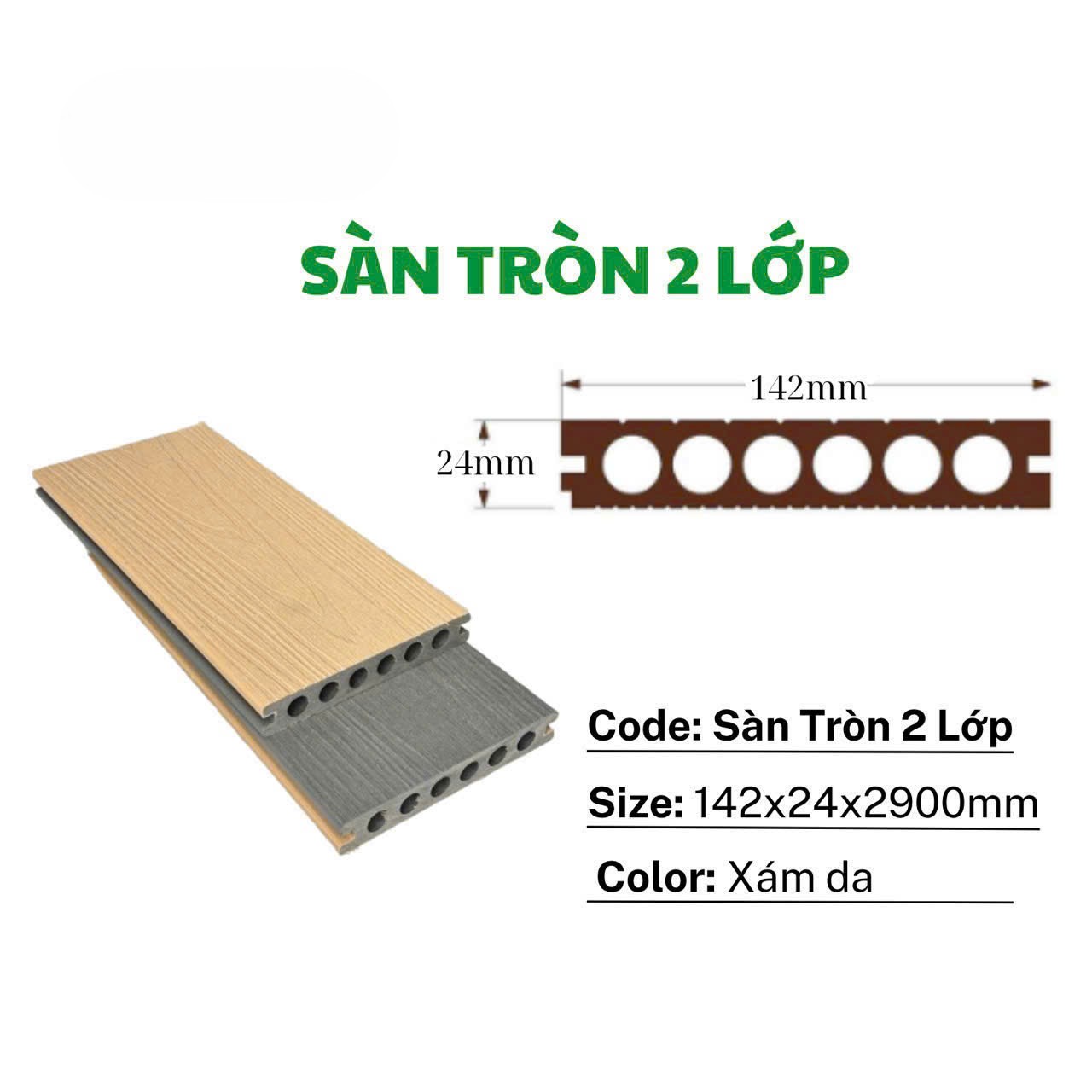 Sàn gỗ ngoài trời CEX-D140H24 - Dòng 2 lớp cao cấp LỖ TRÒN NHỎ