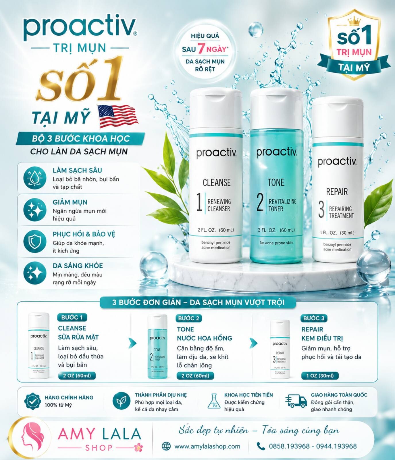 Bộ PROACTIV Mỹ 3 bước (60ml+60ml+30ml) chăm sóc da mụn - 0858193968 - 0944193968 - amylalashop.com