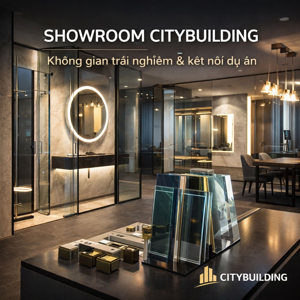 Showroom Citybuilding là không gian trải nghiệm vật liệu, cấu trúc kỹ thuật và giải pháp gương – kính, đồng thời là điểm kết nối dự án, hợp tác và làm việc trực tiếp với hệ thống Citybuilding.