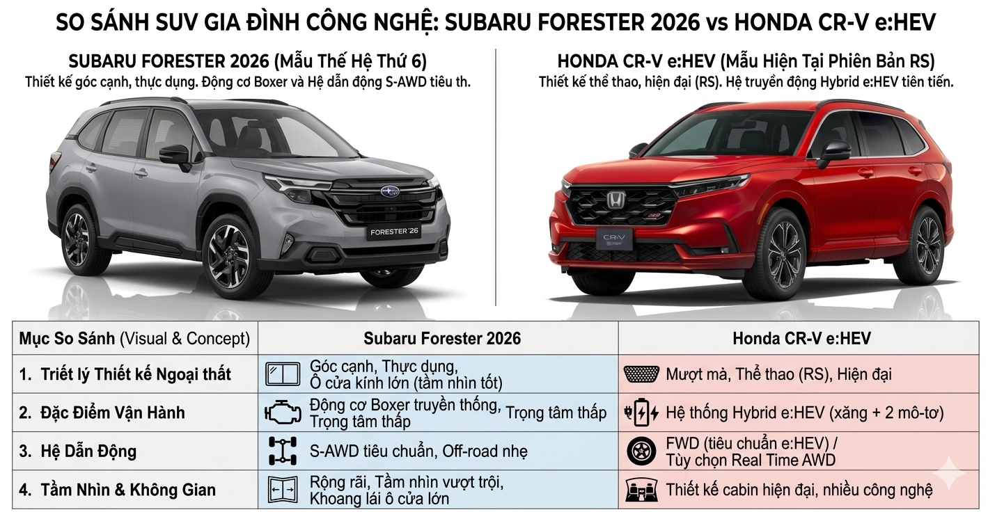 So Sánh Subaru Forester 2026 và Honda CRV Hybrid
