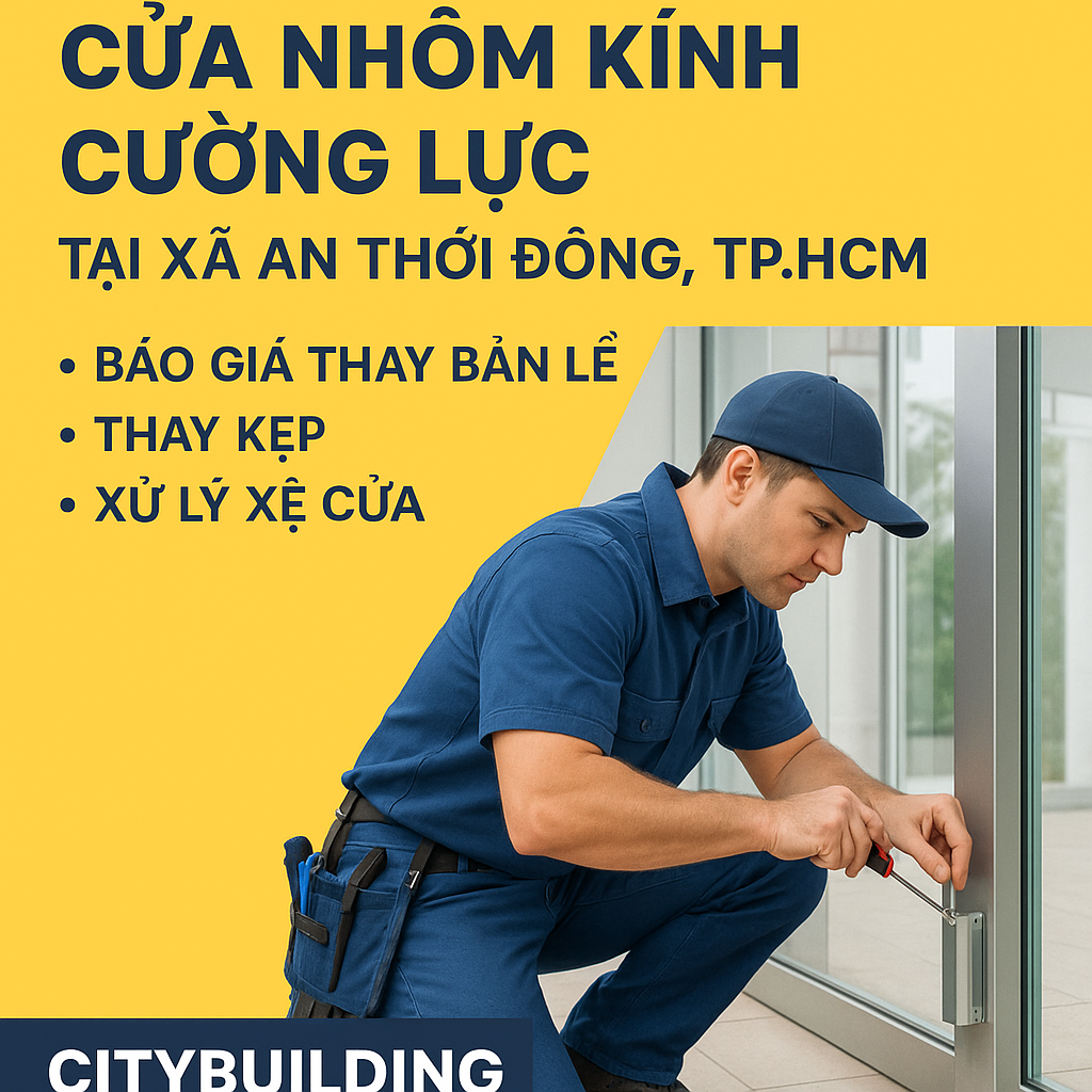 💎 SỬA CHỮA CỬA NHÔM KÍNH CƯỜNG LỰC TẠI XÃ AN THỚI ĐÔNG, TP.HCM | BÁO GIÁ THAY BẢN LỀ – THAY KẸP – XỬ LÝ XỆ CỬA – CITYBUILDING