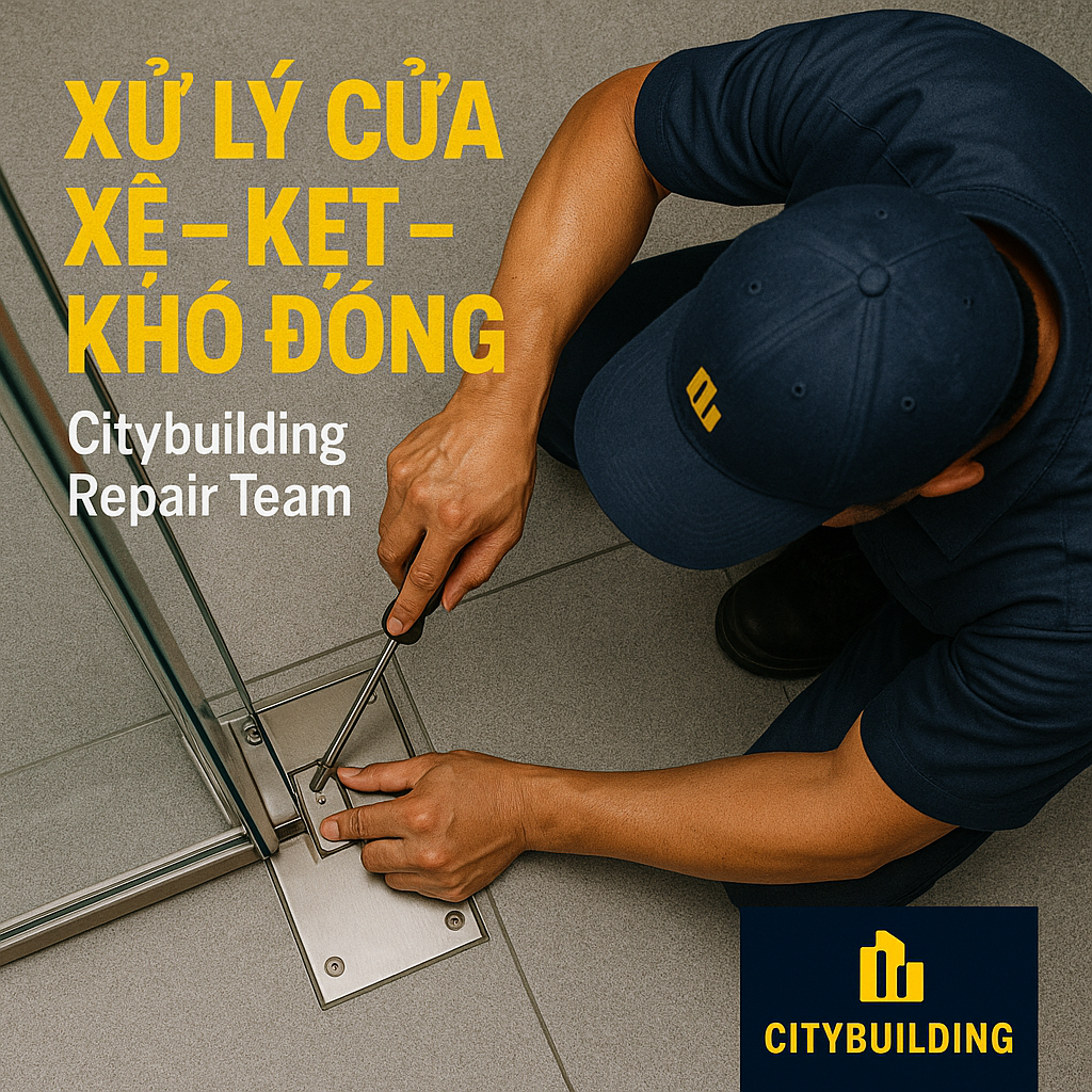 800x800 cinematic Vietnamese technician using an electric drill to tighten hinges on a tempered glass door. Bright modern room, clean reflections. Add bold yellow text at bottom: “SỬA CỬA NHÔM KÍNH TẠI TP.HCM”. Add subtext: “Thay bản lề – Thay kẹp – Chỉnh cửa xệ”. Add Citybuilding logo bottom-right navy bar.