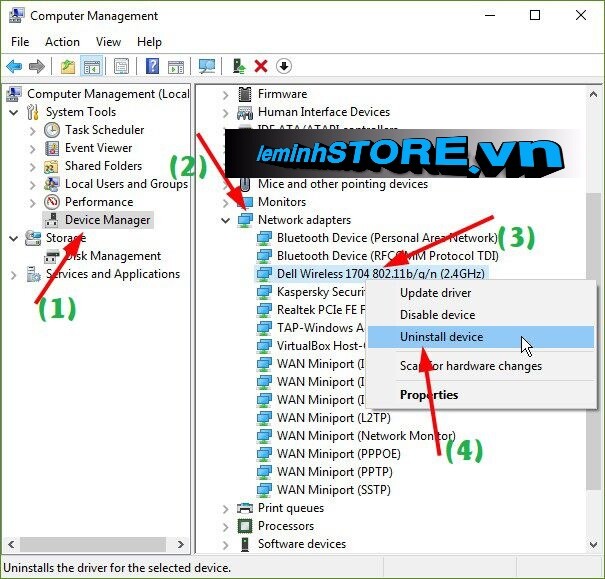 Gỡ driver Wi-Fi trong Device Manager